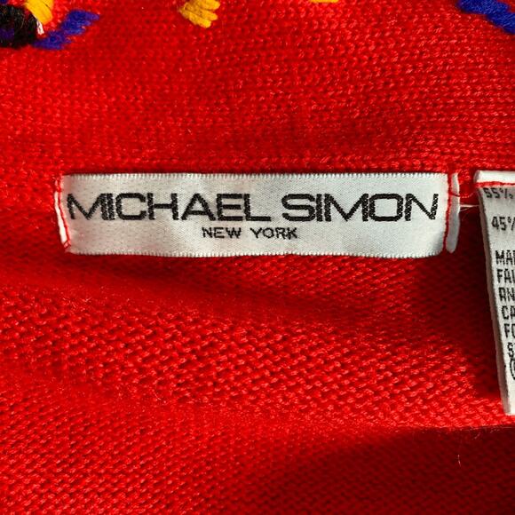 Vintage 90s Michael Simon Embroidered Cherry Red Artsy Knit Cardigan Sweater - Picture 8 of 12